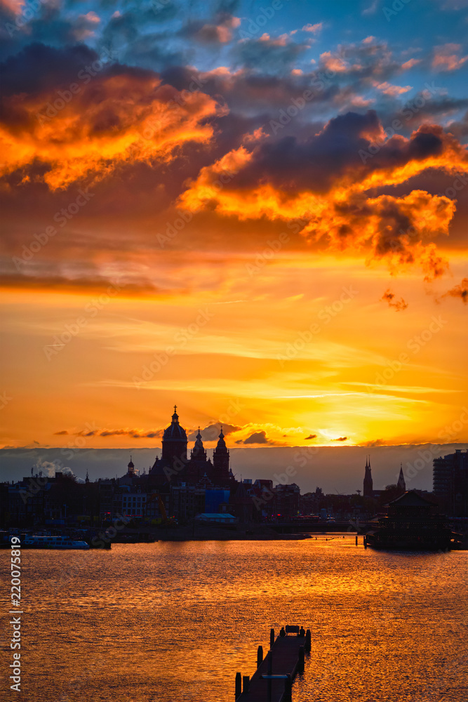 Obraz premium Amsterdam cityscape skyline with Church of Saint Nicholas on su
