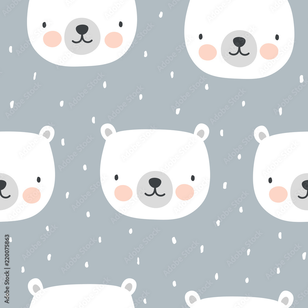 Cute Polar Bear Seamless Pattern, Cartoon Christmas Background, Vector Illustration