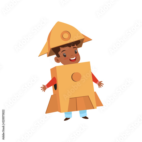 Cute little boy playing as astronaut, lovely kid in rocket costume made of cardboard boxes vector Illustration on a white background