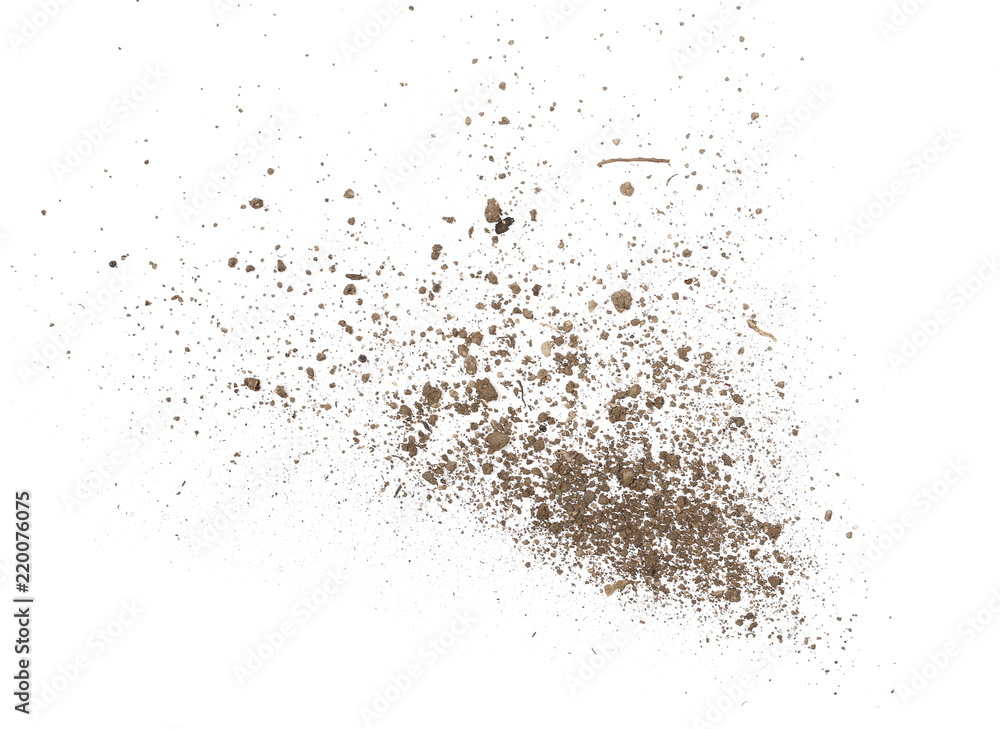 Dirt, soil dust pile isolated on white background, top view