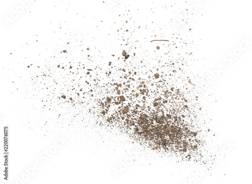 Dirt, soil dust pile isolated on white background, top view