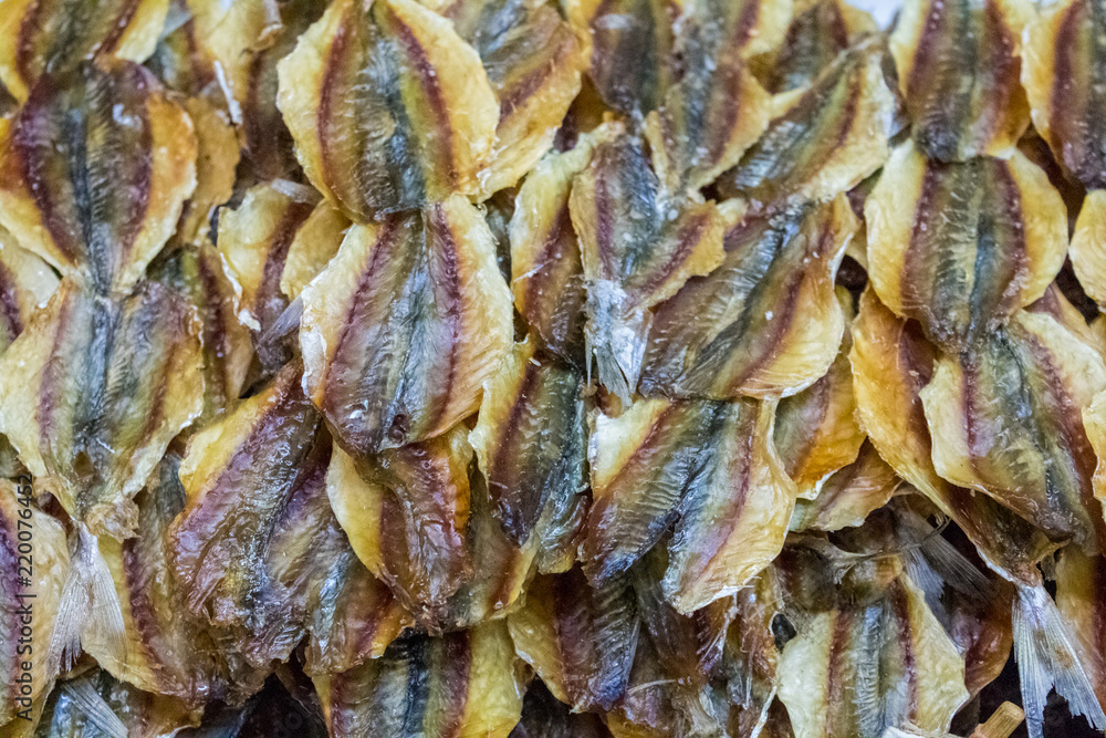 Close up of dried fish for sale in a local market in Bangkok, Thailand