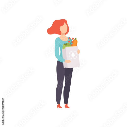Young woman holding paper bag with healthy food, girl doing shopping at the grocery shop vector Illustration on a white background