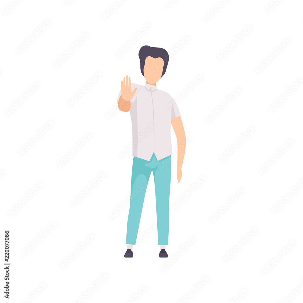 Young man showing hand palm gesture, stop sign, faceless guy character gesturing vector Illustration on a white background