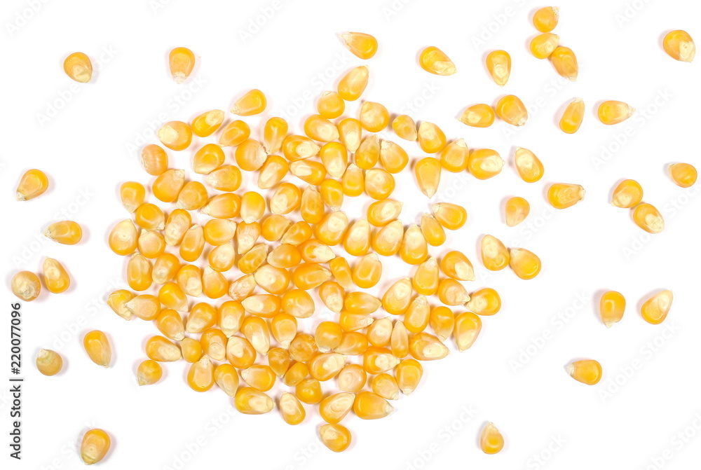 Yellow grain corn isolated on white background and texture, for popcorn, top view Yellow grain corn isolated on white background and texture, for popcorn, top view
