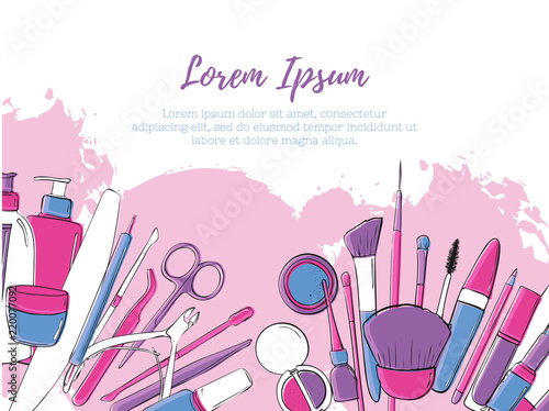 Beauty salon and make up banner layout. Pink glamour template of a poster, a flyer or a price tag. Advertising design template with space for text. Trendy style
