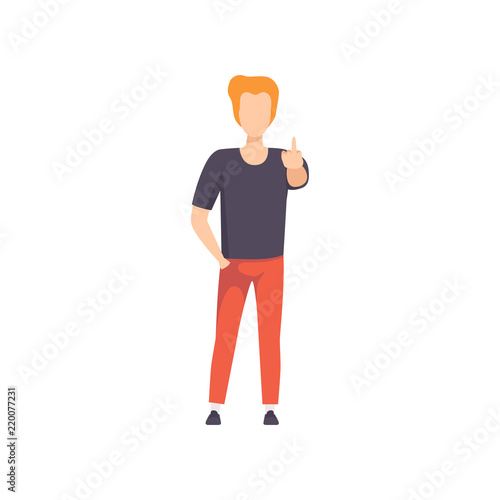 Young man showing middle finger up sign, rude sign gesture, faceless guy character gesturing vector Illustration on a white background
