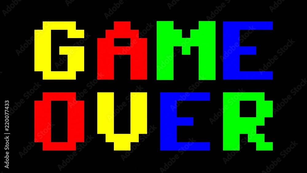 A simple plain Game Over screen, with carousel colors (red, green, blue, yellow). Big characters.
A simple plain Game Over screen, with carousel colors (red, green, blue, yellow). Big characters.