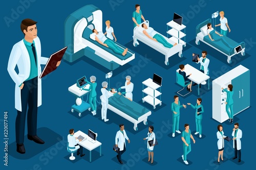 Isometrics Medicine, Doctor with a history of the disease, a large surgeon, medical devices, diagnostics, treatment, a large set of medical equipment