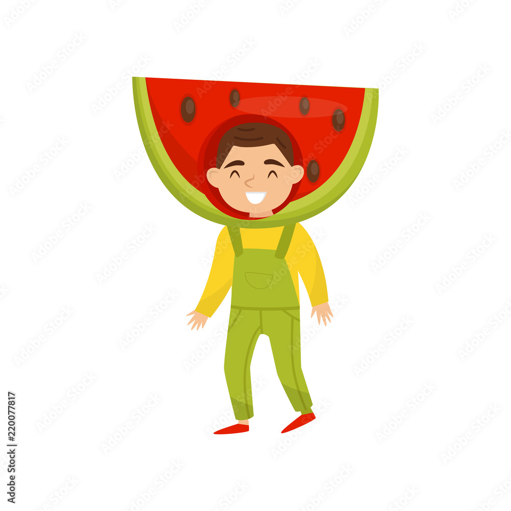 Fototapeta premium Funny preschool boy in headwear in form of watermelon. Child in cute fruit costume. Kindergarten theme. Flat vector design