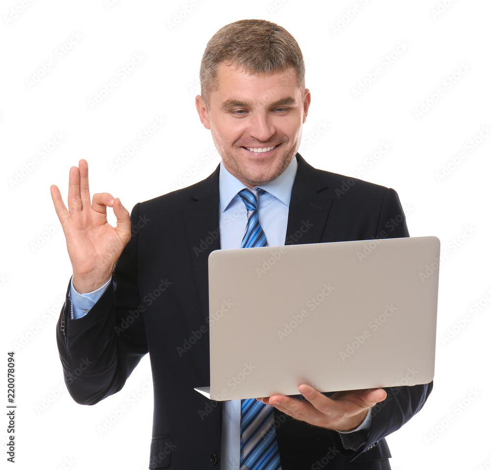 Handsome confident businessman with laptop on white background Handsome confident businessman with laptop on white background