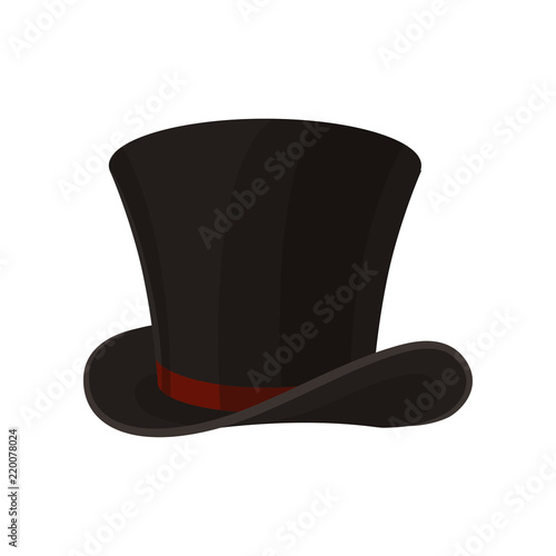 Flat vector icon of male cylinder top hat. Broad-brimmed black hat with red ribbon. Stylish men accessory
