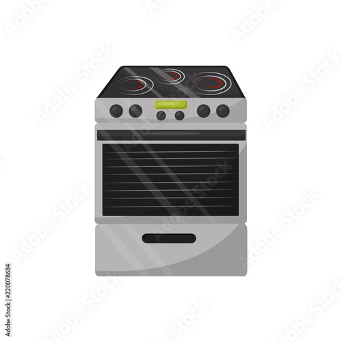 Modern electric stove with oven. Kitchen appliance. Flat vector for advertising banner or flyer of household store