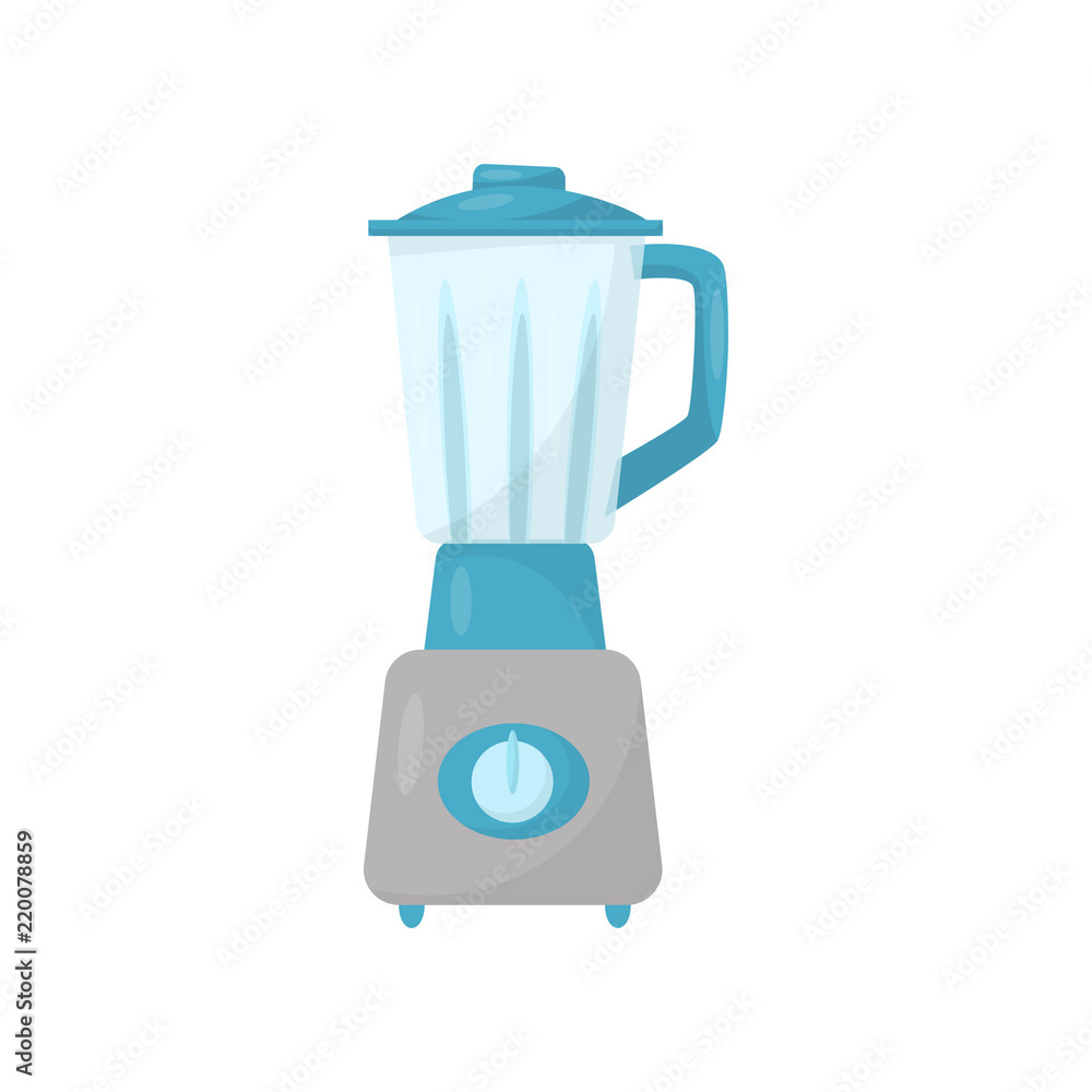 Kitchen blender with glass jug. Electric mixing machine. Household appliance. Flat vector for advertising poster or flyer Kitchen blender with glass jug. Electric mixing machine. Household appliance. Flat vector for advertising poster or flyer