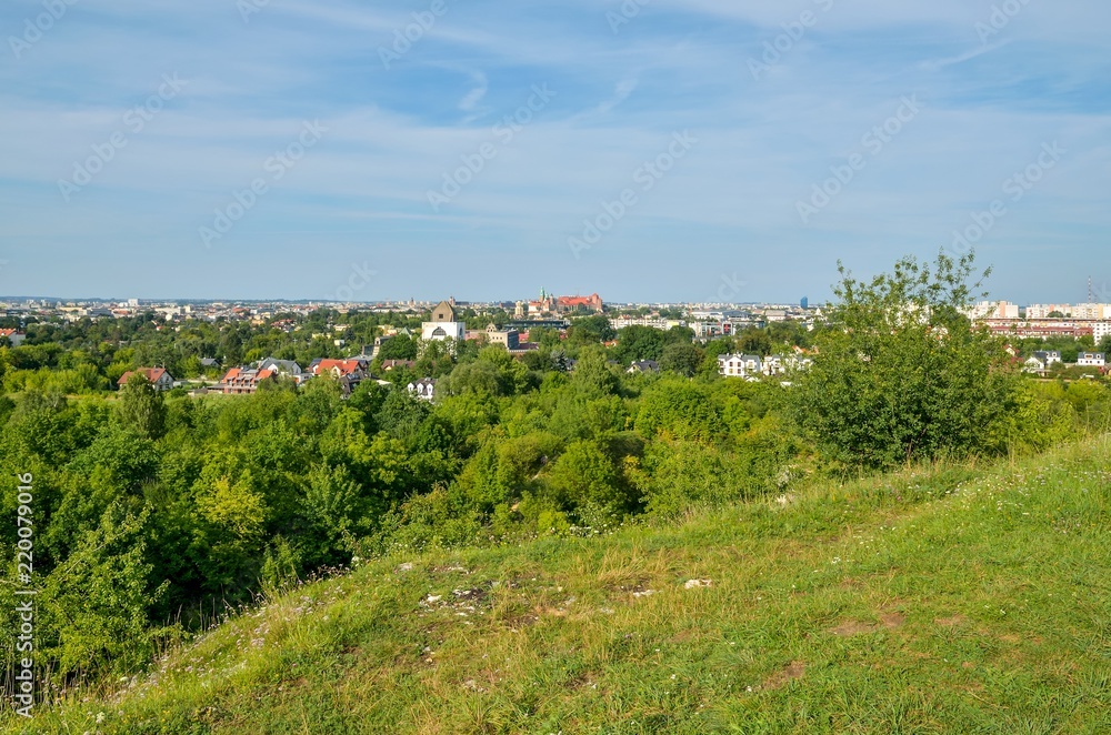 Naklejka premium Beautiful urban landscape. View of the city of Krakow from the Zakrzowek quarry.