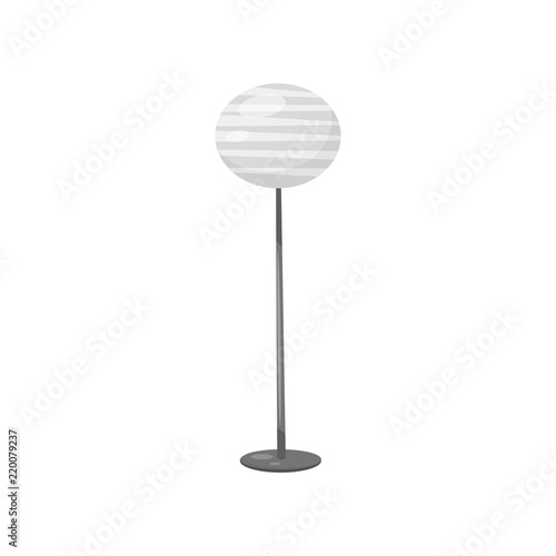 Flat vector icon of floor lamp with long metal leg and gray round lampshade. Modern element of home decor