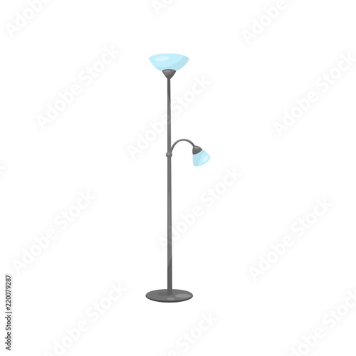 Metal floor lamp with two blue glass shades. House decor element. Modern torchere for living room interior. Flat vector icon