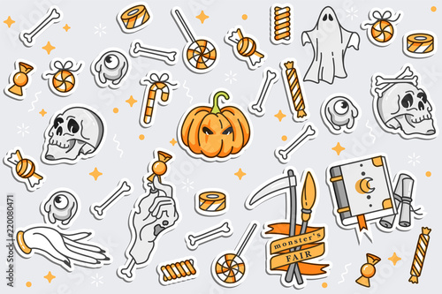 Vector illustartion set of linear icons for Happy Halloween. Badges and Labels. Patch badges and pins.