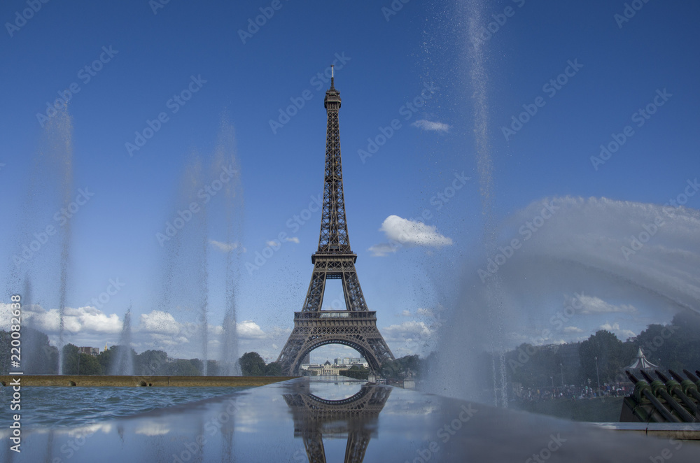Eiffel Tower with fountains, Paris, France, 08.08.2018