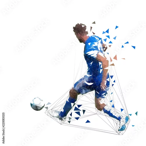 Obraz Gracz futbolu w błękitnej dżersejowej przelotnej piłce, abstrakcjonistyczny niski poli- wektorowy rysunek. Piłkarz kopiąc piłkę. Odosobniona geometryczna kolorowa ilustracja, tylni widok