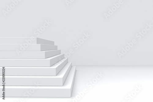 3d rendering. white square cement plate stair with copy space gray wall as background.