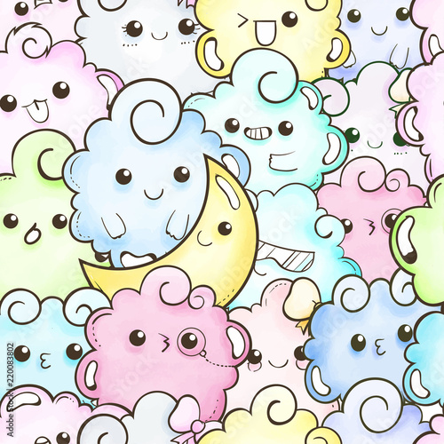 cute doodle cloud seamless illustration with watercolor style