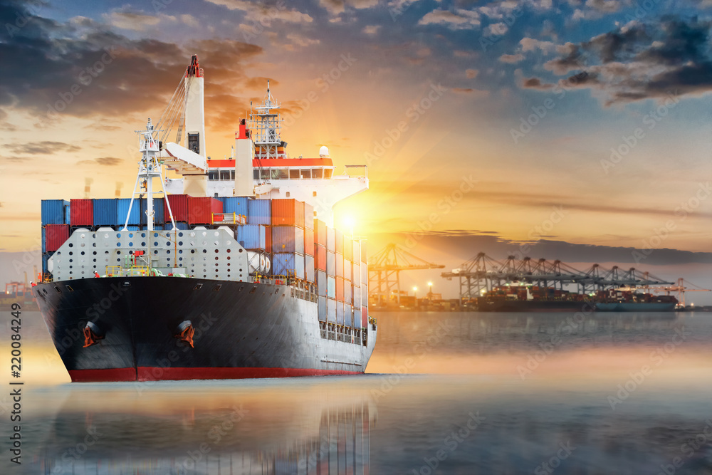 Cargo container ship carrying container import and export goods concept
