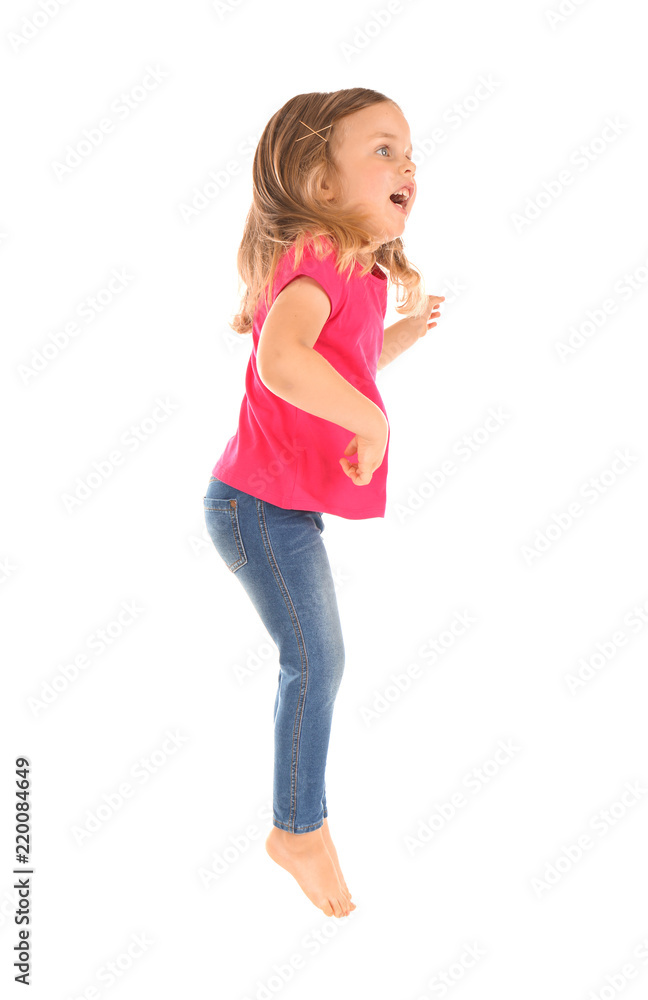 Cute little girl jumping on white background Cute little girl jumping on white background