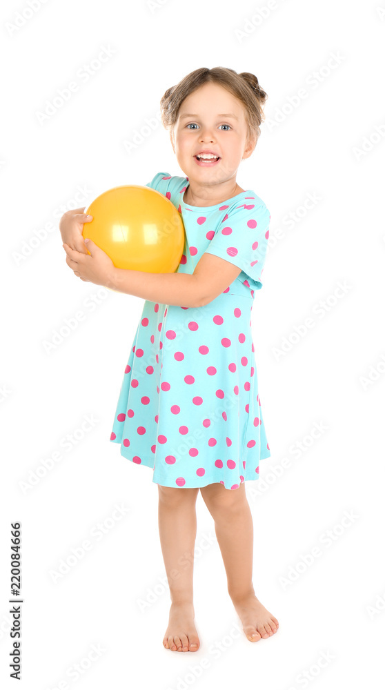 Playful little girl with ball on white background Playful little girl with ball on white background