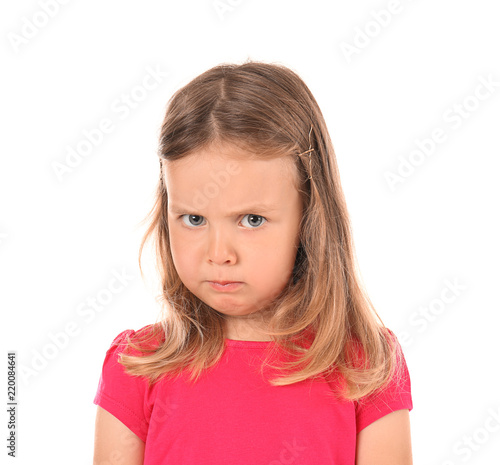 Displeased little girl on white background