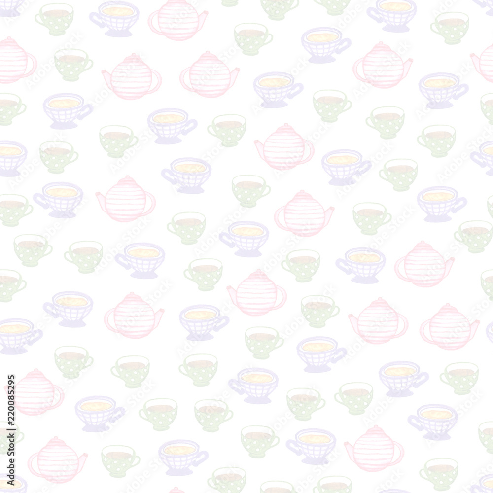 Watercolor coffee seamless pattern. Hand drawn texture with cups.