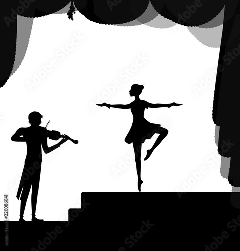 melody for dancing, balerina dancing on the stage and violinist playing,