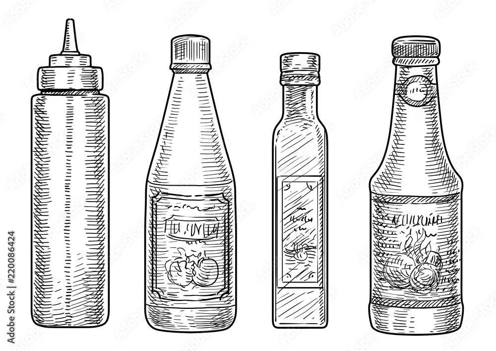 Bottles of sauce illustration, drawing, engraving, ink, line art
