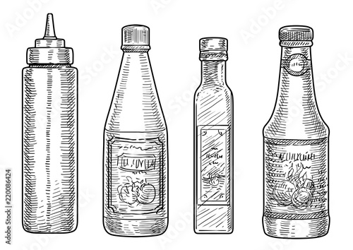 Bottles of sauce illustration, drawing, engraving, ink, line art, vector