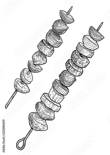Kebab, grilled meat and vegetables illustration, drawing, engraving, ink, line art, vector