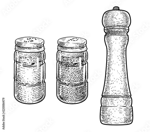 Salt, pepper shaker, and grinder illustration, drawing, engraving, ink, line art, vector