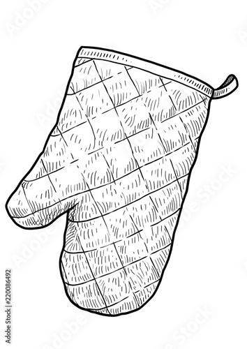 Kitchen protective oven glove illustration, drawing, engraving, ink, line art, vector