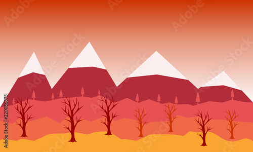 Flat vector landscape Illustration in autumn. Vector background with mountains and trees.