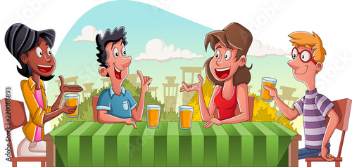Group of cartoon people sitting at table. 