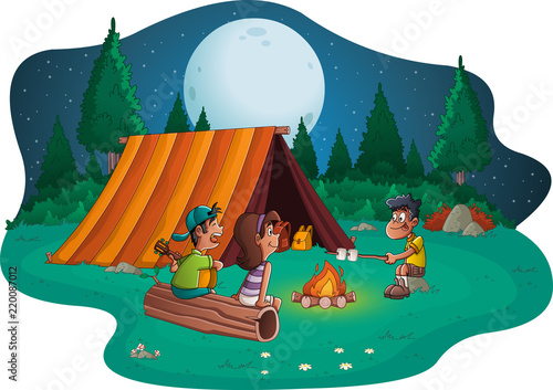 Group of cartoon children around a campfire. Camping with kids and tent. 