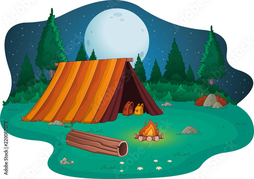 Camping with campfire and tent on the forest. 