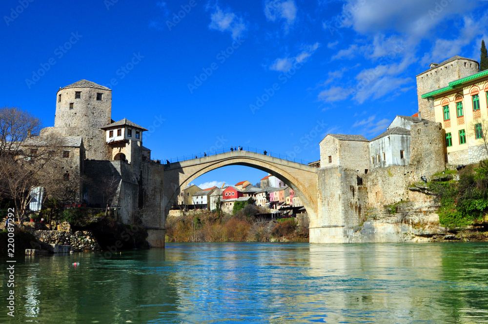 Bosnia and Herzegovina Mostar Bridge and the blue sky view the historic Mostar Bridge.