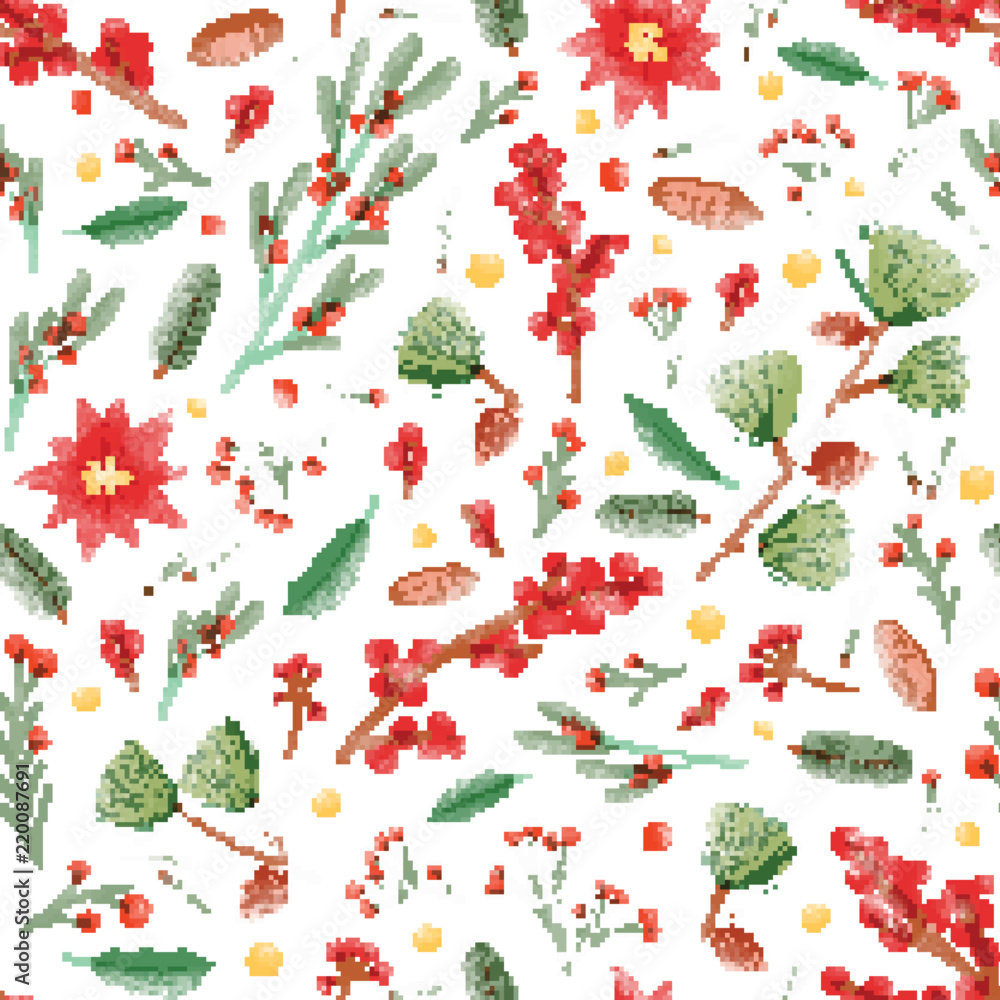 Christmas seamless pattern with holly leaves, poinsettia and mistletoe ...