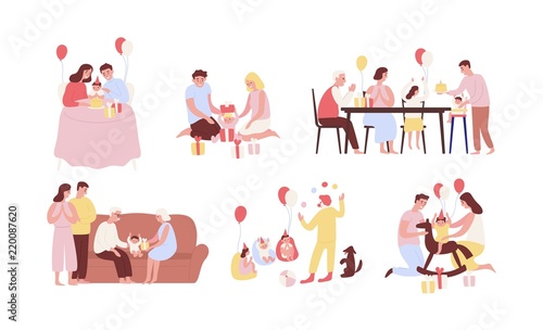 Collection of people celebrating first birthday of their baby. Bundle of family party scenes with infant child opening gifts, eating cake, having fun during celebration. Cartoon vector illustration. © Good Studio