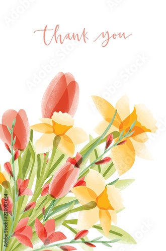 Vertical card template with lettering and bouquet of narcissuses and tulips o...