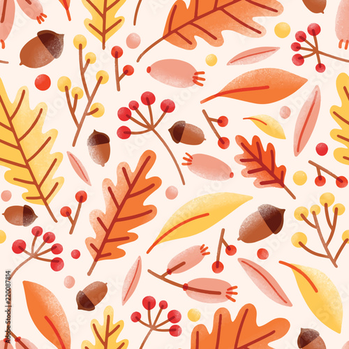 Fotografie Seasonal seamless pattern with acorns, fallen oak leaves, viburnum berries on wh