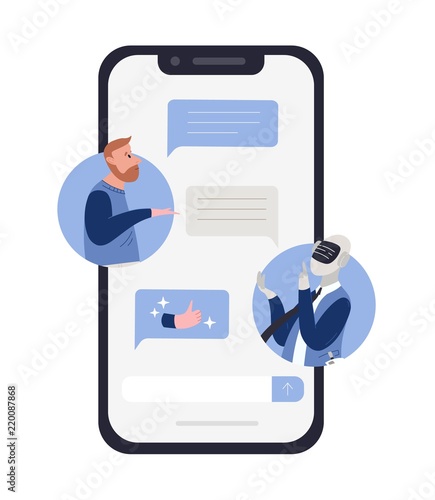Bearded man talking to robot or android and chat messages on smartphone screen. Concept of chatbot conversation, technical support service. Colorful vector illustration in flat cartoon style. photo