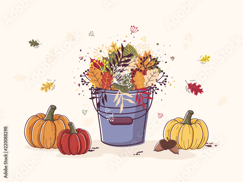 Autumn Background with Colorful Bucket of Leaves and Pumpkins.