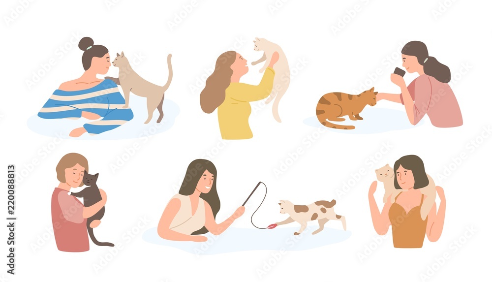 Bundle of pretty young girls and their cats isolated on white background. Set of portraits of adorable pet owners and cute domestic animals. Colorful vector illustration in flat cartoon style. Bundle of pretty young girls and their cats isolated on white background. Set of portraits of adorable pet owners and cute domestic animals. Colorful vector illustration in flat cartoon style.