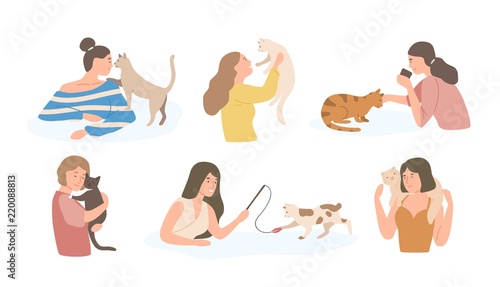 Bundle of pretty young girls and their cats isolated on white background. Set of portraits of adorable pet owners and cute domestic animals. Colorful vector illustration in flat cartoon style.